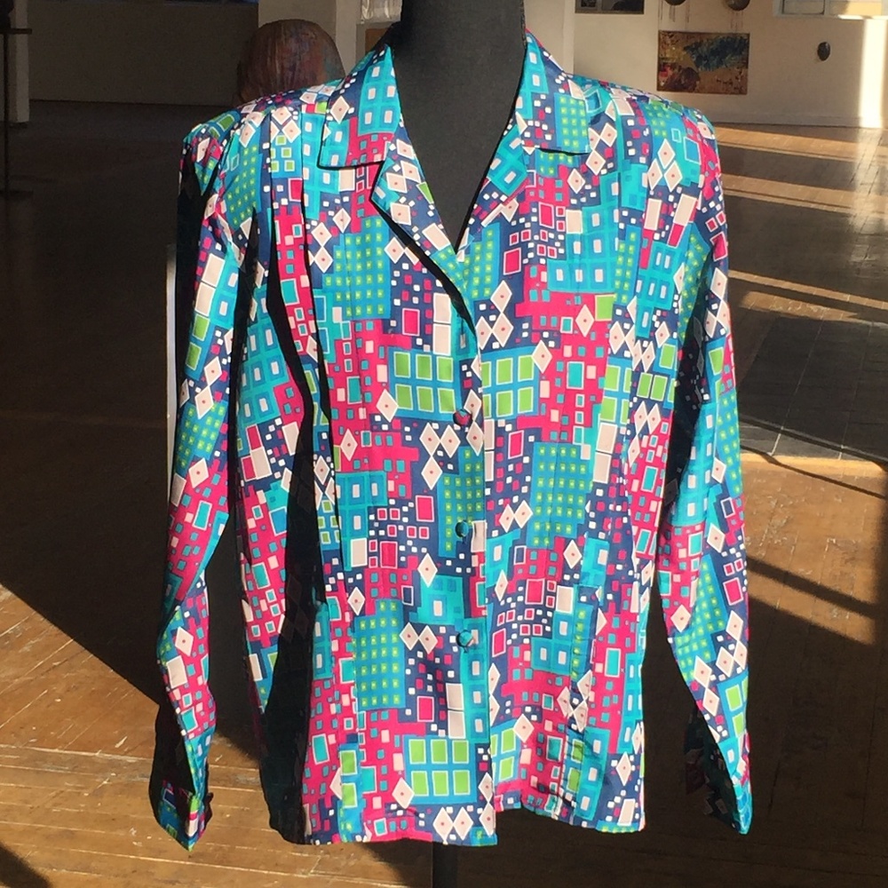 Jewel tone, geometric shape, button-down blouse
